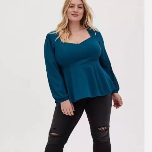 Torrid Brand Size 3 Teal Crepe Sweetheart Long Sleeve Peplum Blouse Top - Picture 1 of 6